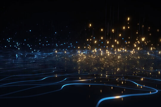 Generative AI illustration of abstract background with glowing golden lights and rows of shiny lines on black surface