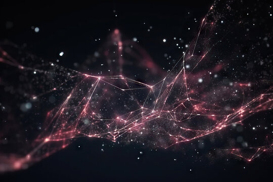Generative AI illustration of abstract background with glowing stars and lines forming bright galaxy on black backdrop