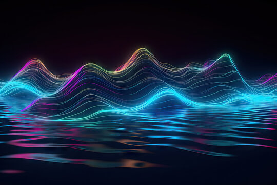 Generative AI illustration of abstract background with colorful neon curvy lines forming wave above dark rippling water against black backdrop