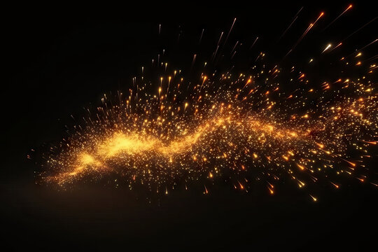 Generative AI illustration of bright glowing sparks shining on black background with orange light in wavy line forming abstract backdrop