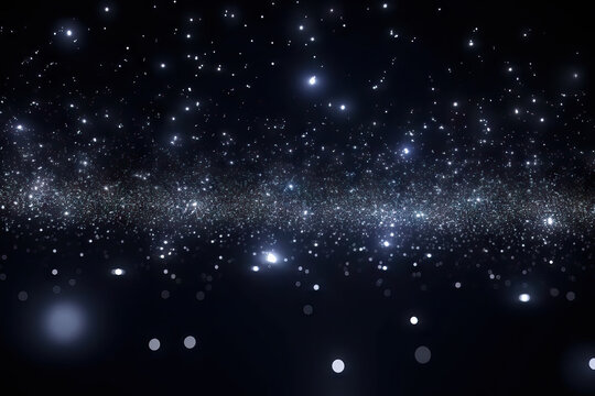 Generative AI illustration of abstract background of many blue glowing lights shining in dark space