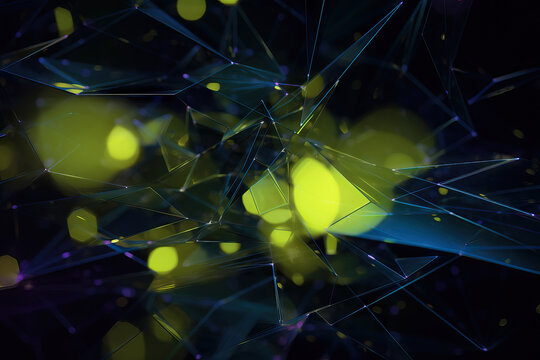 Abstract generative AI illustration of transparent shattered glass on background of bright yellow lights shining in darkness