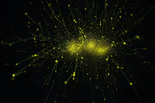 Generative AI illustration of abstract background of many yellow glowing lights shining in dark space