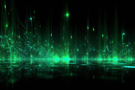 Generative AI illustration of abstract background of many green glowing lights shining in dark space