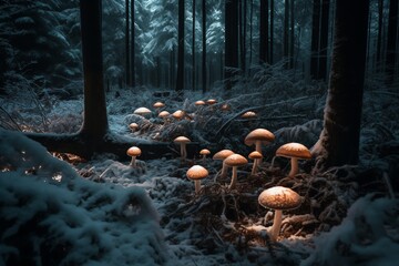 A snow covered winter wonderland full of glowing bioluminescent mushrooms. Generative AI