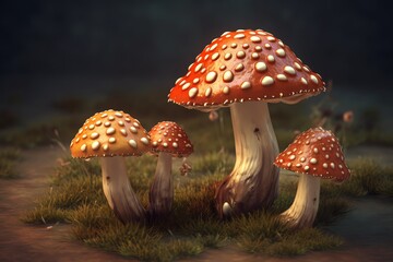 Amanita mushrooms shown in 3D illustration. Generative AI
