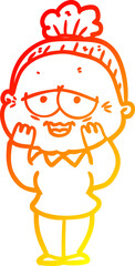 warm gradient line drawing of a cartoon happy old lady