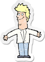 retro distressed sticker of a cartoon happy man with open arms
