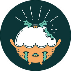 icon of a tattoo style christmas pudding character crying