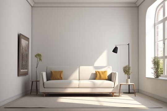 Natural light pours into a cozy living room with a comfortable white couch, creating a serene and minimalist space. AI Generative.