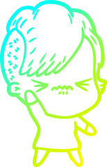 cold gradient line drawing of a cartoon annoyed hipster girl