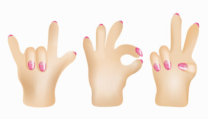 3D hand gestures. Vector isolated illustration of hands. Horns, Ok, victory. Female hands with manicure.