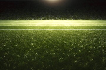 Obraz premium 3D rendered illustration of an athletic wallpaper concept with a grass patterned soccer field in a football stadium background. Generative AI