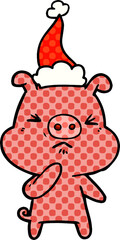 hand drawn comic book style illustration of a angry pig wearing santa hat