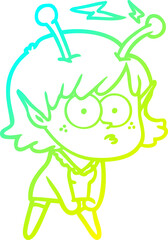 cold gradient line drawing of a cartoon alien girl