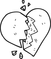 freehand drawn black and white cartoon broken heart