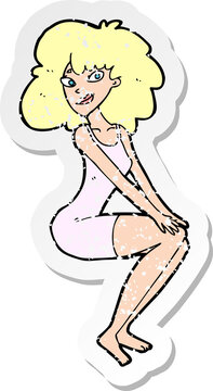 recommend clip art: retro distressed sticker of a cartoon sitting woman in dress