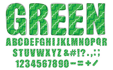 Green trendy alphabet. Hand drawn doodle font with green wavy pattern. Modern Uppercase letters, numbers and punctuation marks. For poster, banner, T shirt. Vector illustration