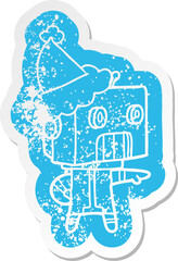quirky cartoon distressed sticker of a robot wearing santa hat