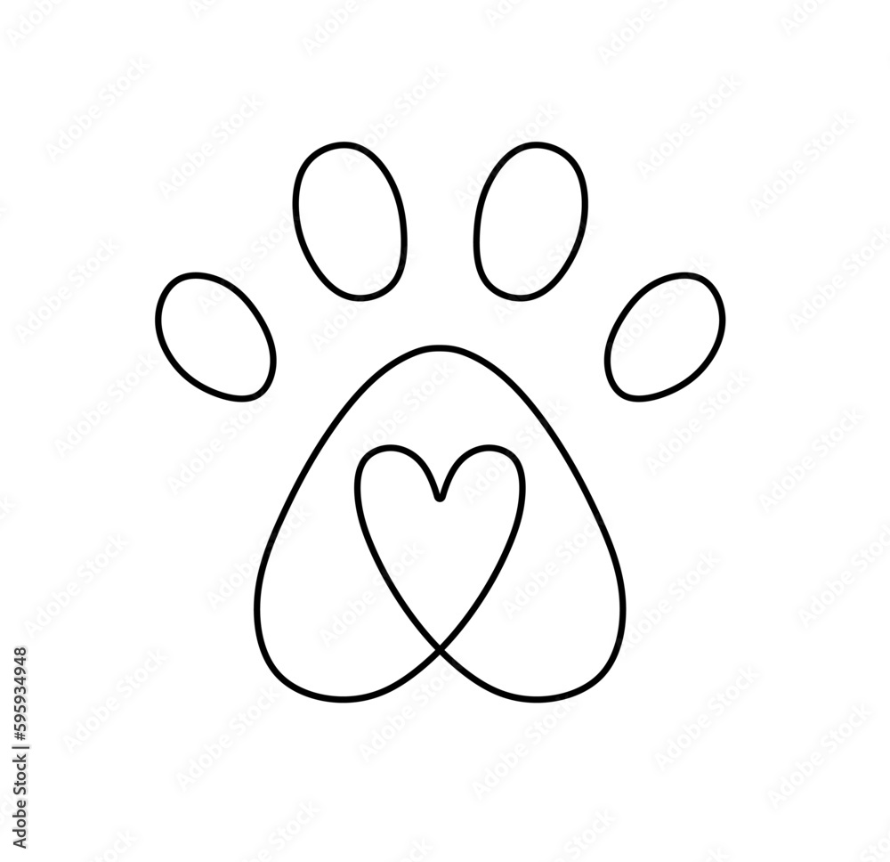 Wall mural vector isolated one single paw print with heart inside colorless black and white contour line easy d