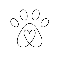 Vector isolated one single paw print with heart inside  colorless black and white contour line easy drawing