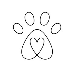 Vector isolated one single paw print with heart inside  colorless black and white contour line easy drawing © MariMuz