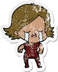 distressed sticker of a cartoon girl crying
