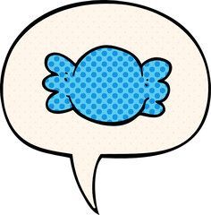 cartoon wrapped candy with speech bubble in comic book style