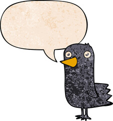 cartoon bird with speech bubble in retro texture style