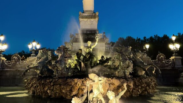 Girondins monument and fountain at night, Bordeaux, France. High quality 4k footage