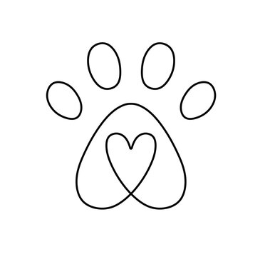 Vector isolated one single paw print with heart inside  colorless black and white contour line easy drawing