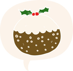 cartoon christmas pudding with speech bubble in retro style