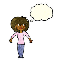 cartoon woman shrugging shoulders with thought bubble
