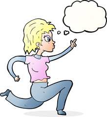 cartoon woman running and pointing with thought bubble