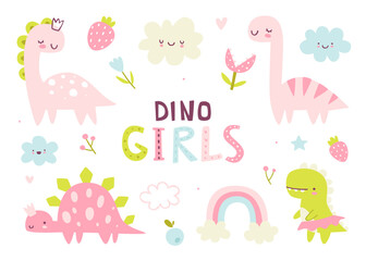 Cute girly dino set. Naive pink dinosaurs collection for baby girls. Abstract vector dino girls. © Sonium_art