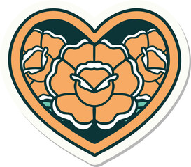 sticker of tattoo in traditional style of a heart and flowers