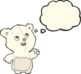 Fototapeta premium cartoon happy little teddy polar bear with thought bubble
