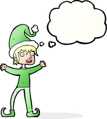 cartoon excited christmas elf with thought bubble
