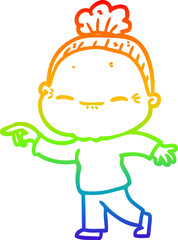 rainbow gradient line drawing of a cartoon peaceful old woman