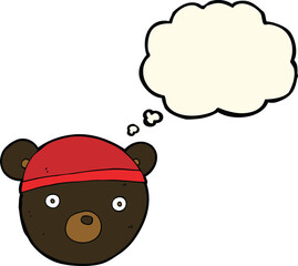 cartoon black bear cub wearing hat with thought bubble