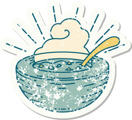 worn old sticker of a tattoo style bowl of soup