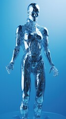 Cyborg with glossy metallic skin on a blue background. Full body futuristic robot artificial intelligence concept. Generative AI.