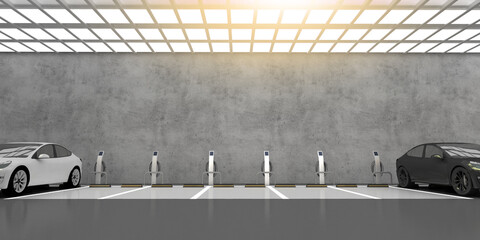 EV vehicle charging lot. ev car parking lot 3d illustration. © Tuna salmon
