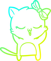 cold gradient line drawing of a cartoon cat with bow on head