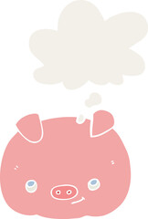 cartoon happy pig with thought bubble in retro style