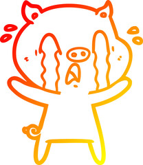warm gradient line drawing of a crying pig cartoon