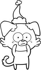nervous dog hand drawn line drawing of a wearing santa hat