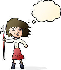 cartoon woman with spear with thought bubble
