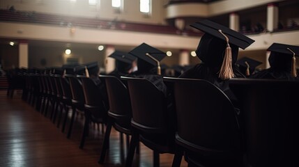 A student sits in an auditorium with a graduation cap on their head, generative ai