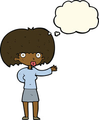 cartoon woman gesturing with thought bubble
